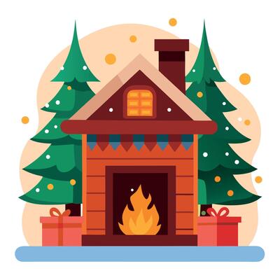 Fireplace with christmas decorations in a cozy warm forest wooden log house cabin.