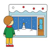 A child looks at a store window in winter. Christmas. vector