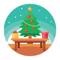 Beautiful christmas background with wood table ornaments and christmas tree with copy space vector