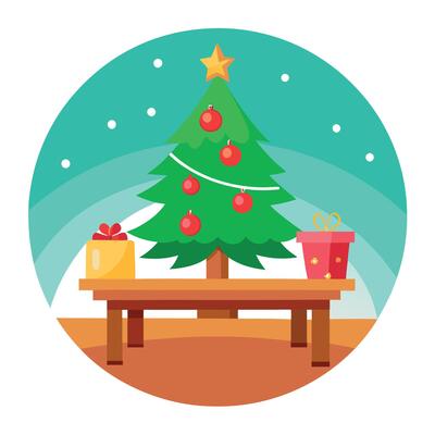 Beautiful christmas background with wood table ornaments and christmas tree with copy space
