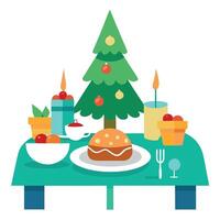 A Christmas dinner table with food on it Background with a Christmas tree vector