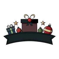 Dark banner with christmas baubles and gift box with bow with space for text. vector