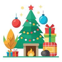 Decorations around the Christmas tree by a fire place at home vector