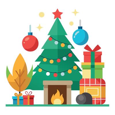 Decorations around the Christmas tree by a fire place at home