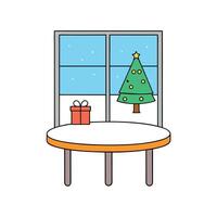 Table space in front of defocused window sill with christmas tree vector