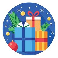 Gift boxes with christmas decorations on a blue background. Top view. Flat lay. vector