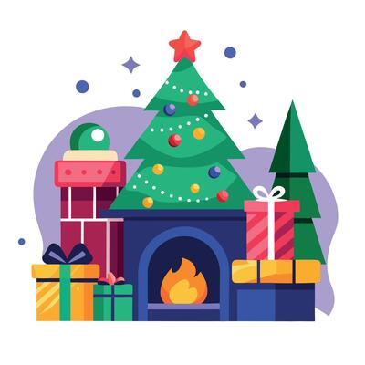 Mysterious Christmas interior with fireplace. christmas tree and presents.