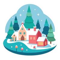 Christmas village with miniature figurines and snowy trees. Christmas winter holidays concept vector