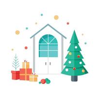 Bright white room in Scandinavian style with Christmas tree and decorations. vector