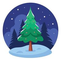 Christmas tree in the forest in winter under the night sky with copy space vector