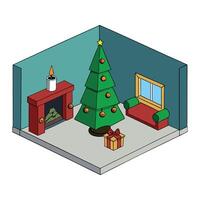 Luxury living room interior with christmas tree and fireplace. 3D rendering. vector
