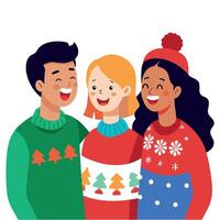 Group of happy friends in christmas sweaters laughing and looking at each other vector