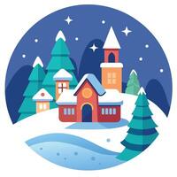 Christmas winter scenery with small village decorated for Christmas. magic fary tale illustration vector