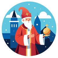 The magician. Saint Nicholas. holds a magic ball in his hands against the backdrop of a snowy city. vector