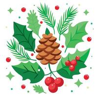 A green christmas background with pine cones and red berries on the branches. vector