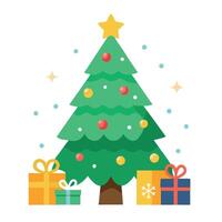 A painting of a christmas tree with presents under it and a star on top of the top of the tree. vector