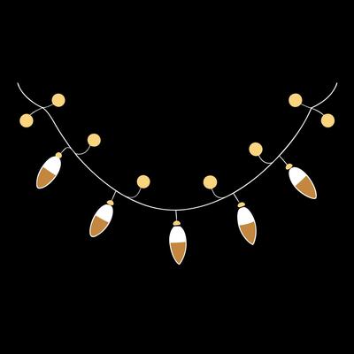 Gold Twinkle Christmas string lights on black background. Defocused Glowing light bulb garland.