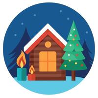 A picture of a cabin with a lit candle and a christmas tree in the background with a candle lit. vector