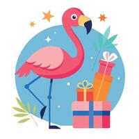 Elegant tropical flamingo with christmas gift boxes on blurred party background vector
