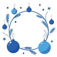 Blue christmas frame. Blue Xmas border with branches. blue baubles and empty space. vector