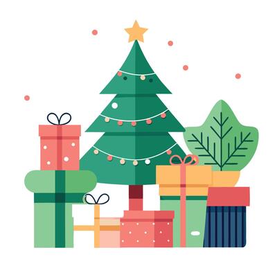Gifts and new year tree in scandinavian style interior with christmas decoration.