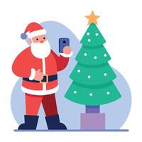 Person taking picture of santa clause on cell phone with christmas tree in the background. vector