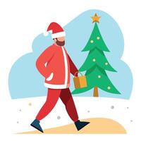Man dressed as santa claus walking on beach with christmas tree. vector
