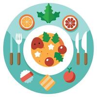 Overhead view of a luxury festive christmas meal dinner plate with decorations vector