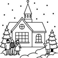 A painting of a christmas scene with a lit up house and a tree in the snow with people around it. vector
