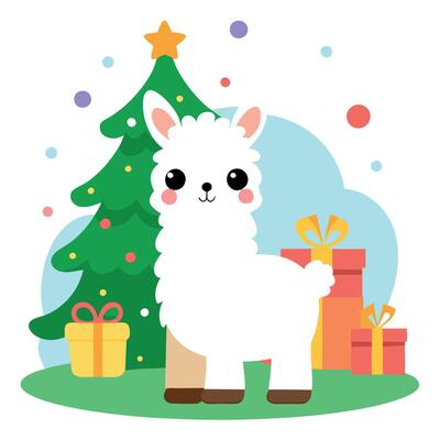 Baby llama with christmas presents on blurred bokeh tree lights background