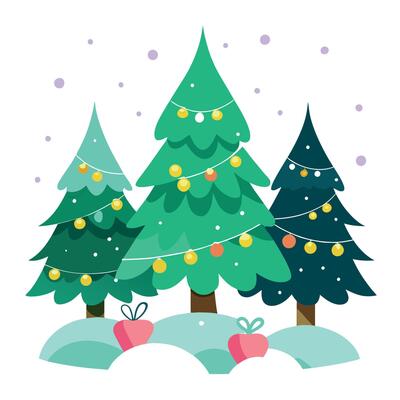 Trees with christmas lights in winter. snowing. christmas holiday season. Art