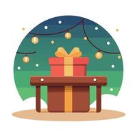 Wooden table with Christmas gift box amidst bokeh lights. vector