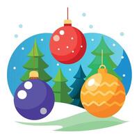 Colorful Christmas baubles on a snowy background. blurred pine tree with lights and bokeh effect. vector