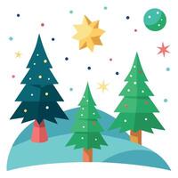 Xmas background. Christmas trees with colored stars falling. vector