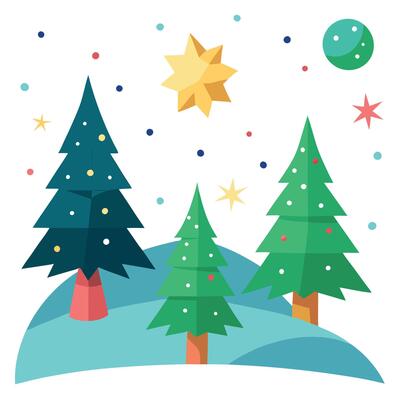 Xmas background. Christmas trees with colored stars falling.