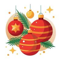 Close up of red. gold balls on christmas tree. Bokeh garlands in the background. New Year concept. vector