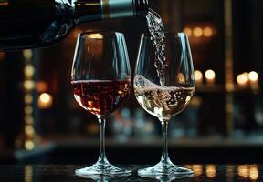 Pouring red and sparkling wine into glasses at a cozy bar during evening hours photo