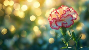 A beautifully blooming red and white flower at sunset in a vibrant garden setting photo