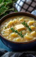 Creamy homemade potato soup served with butter and herbs on a rustic wooden table photo