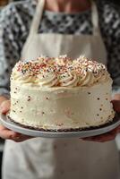 A smiling baker presents a decorated cake topped with colorful sprinkles in a cozy kitchen photo