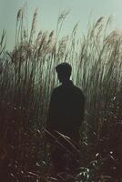 A person stands quietly among tall grasses at dawn, lost in contemplation in the wilderness photo