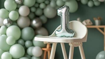 Silver number one balloon on a high chair in a softly decorated birthday backdrop photo