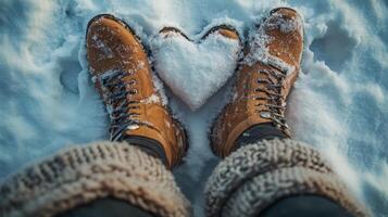 Creating a heart shape in freshly fallen snow with brown boots and cozy knit leg warmers photo