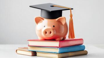 A graduation cap atop a piggy bank sitting on stacked vintage books on a wooden table photo