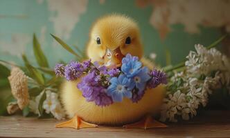 A duckling resting in a nest surrounded by colorful flowers during a sunny spring afternoon photo