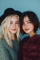 Two smiling women with different hairstyles pose cozily against a blue background indoors photo