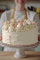 A smiling baker presents a decorated cake topped with colorful sprinkles in a cozy kitchen photo