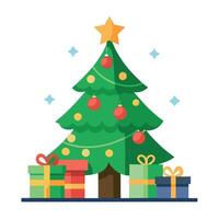 Decorated Christmas tree and gift boxes. Space for text. vector