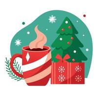 Cup of hot cocoa. christmas tree lit up. snowflakes. red mug. decorations. blanket. vector
