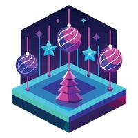 3d render. Christmas neon background with flying festive ornaments. Holiday wallpaper vector